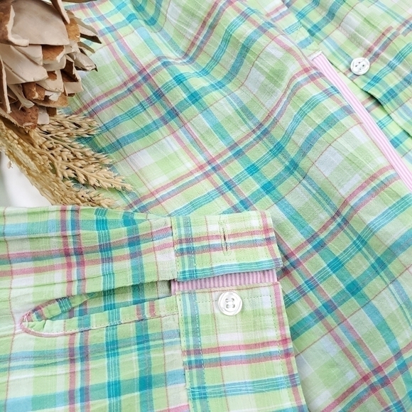Madison Hill Green Pink Plaid Casual Button Down Shirt Sz Medium Petite - Picture 3 of 12